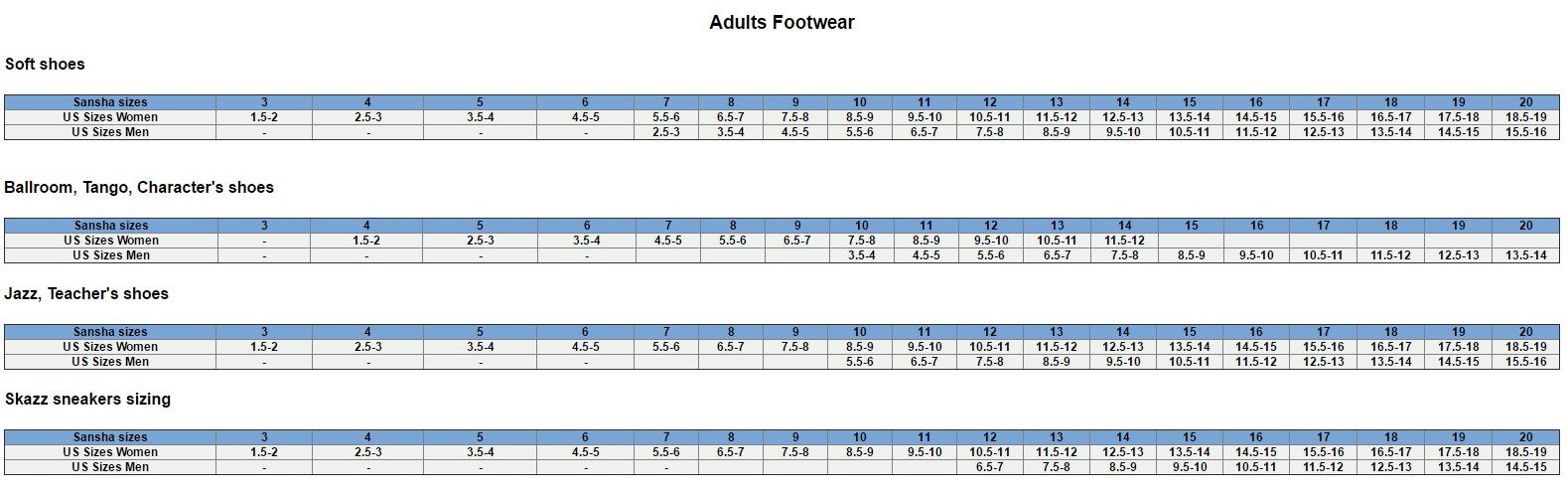Sansha Dance Shoes Size Chart