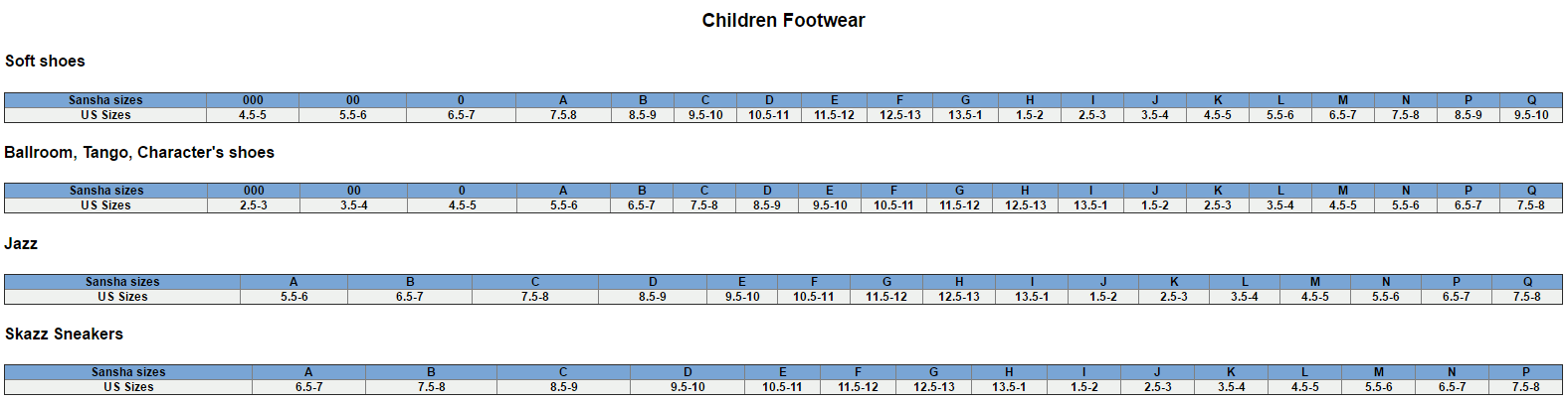 So Danca Ballet Shoes Size Chart